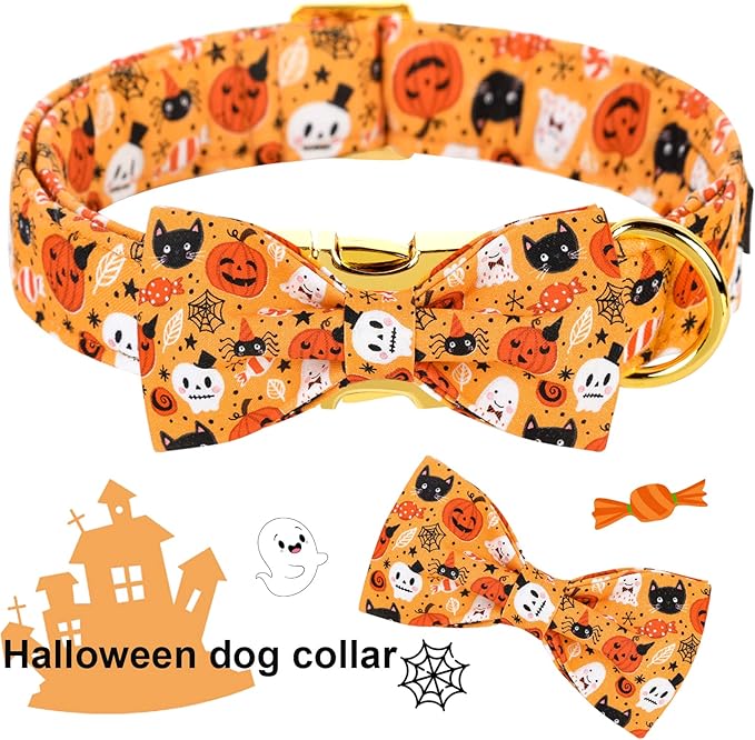 ARING PET Dog Collar with Bow-Halloween Dog Collar Bowtie, Adorable Boy and Girl Ghost Pumpkin Dogs Bowtie Collar Gifts with Metal Buckle