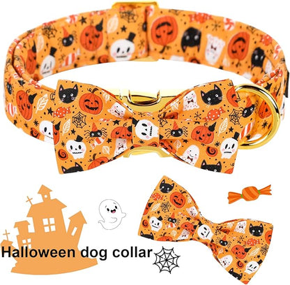 ARING PET Dog Collar with Bow-Halloween Dog Collar Bowtie, Adorable Boy and Girl Ghost Pumpkin Dogs Bowtie Collar Gifts with Metal Buckle