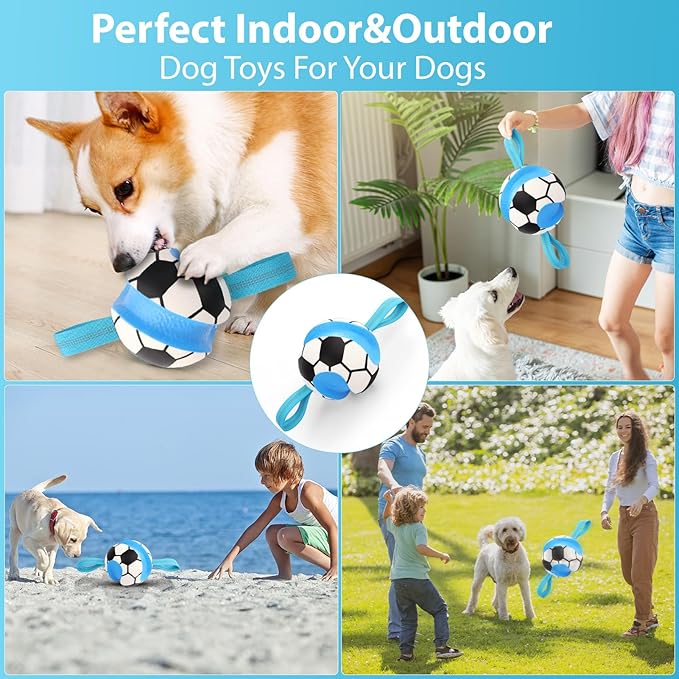 Eneston Dog Toys Balls, Interactive Dog Soccer Ball with Pull Straps, Bouncing Water Toy, Durable Training Toy for Small Medium Pets, Puppy Toy for Indoor Outdoor Play