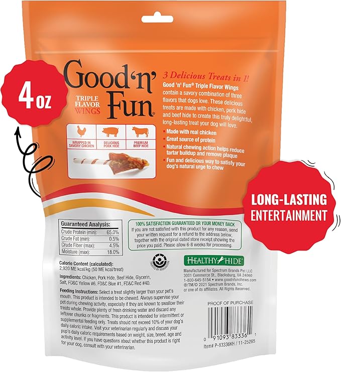 Good ‘n’ Fun Triple Flavor Wings Chews for All Dogs, 4 Ounces, Treat Your Dog to Long-Lasting Chews Made with Chicken, Pork Hide and Beef Hide