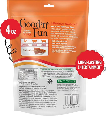 Good ‘n’ Fun Triple Flavor Wings Chews for All Dogs, 4 Ounces, Treat Your Dog to Long-Lasting Chews Made with Chicken, Pork Hide and Beef Hide