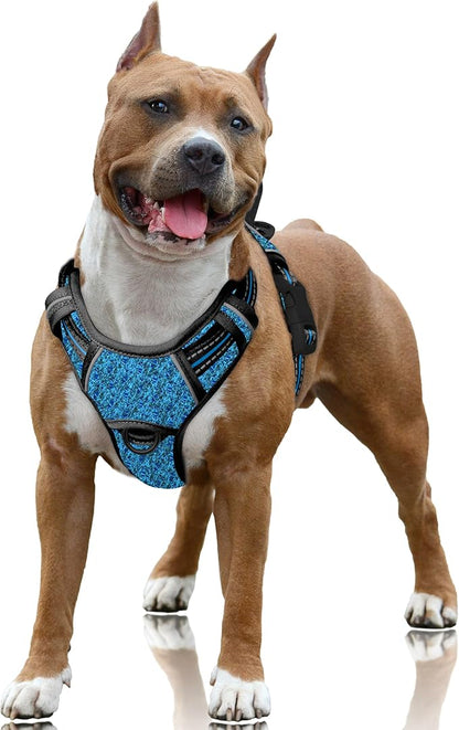 BARKBAY No Pull Dog Harness Large Reflective Dog Harness with Front Clip and Easy Control Handle for Walking Training Running with ID tag Pocket(Blue/Black,L)