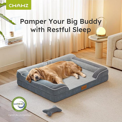 CWAWZ Extra Large Dog Bed, Orthopedic XL Dog Bed with Cooling Gel Memory Foam, Waterproof Pet Bed with Removable Washable Cover, 42" Pet Sofa Couch Dutch Velvet with Bone Toy, Dark Gray