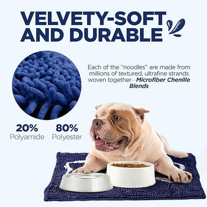 Soggy Doggy Slopmat - Navy Blue/Oatmeal Bone - 18” x 24″ - Water Absorbing Door Mat for Muddy Paws and Food/Water Bowls - Microfiber Chenille Small Doormat - Machine Washable