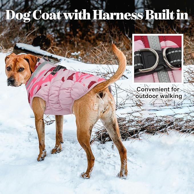 Lelepet Warm Dog Winter Coat Dog Coats for Large Dogs Waterproof Dogs Jacket with Harness Built in Reflective Cold Weather Coats Windproof Zip-Up Winter Fleece Vest Snowsuit Pitbull Pink Camo XXL