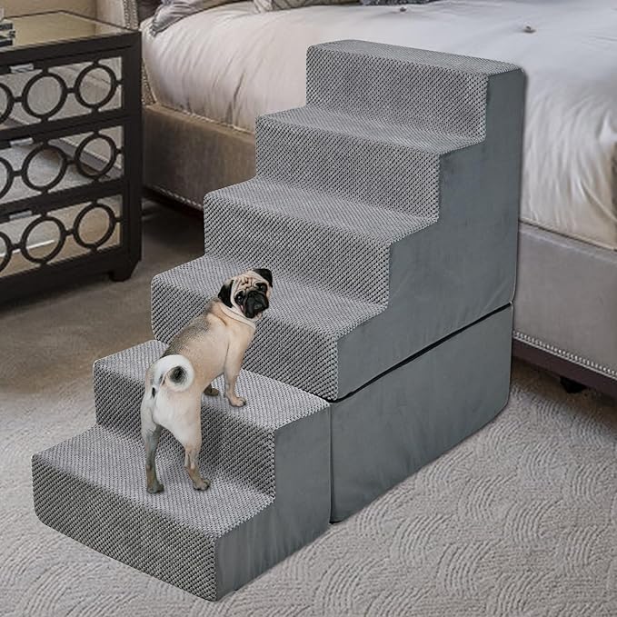 MALOROY Dog Steps for High Beds 30-32" H, 6-Step Dog Stairs for Small Dogs, 33D Foam Pet Steps for High Bed Climbing, Non-Slip Balanced Pet Stair Ramps for Bed Indoor, Grey