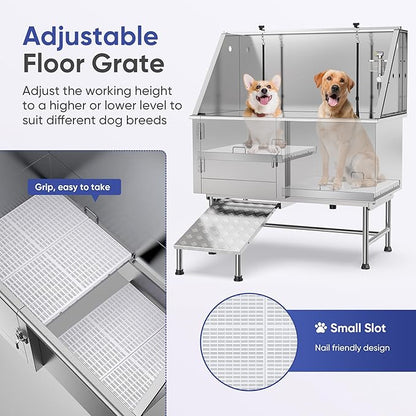 Flying Pig 50" Stainless Steel Pet Dog Grooming Bath Tub with Walk-in Ramp & Accessories (Left Door/Right Drain)