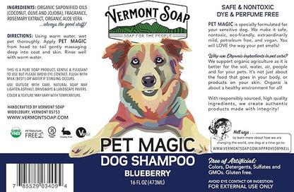 VERMONT SOAP Organics Pet Shampoo - Infused with Organic & Natural Olive Oil, Coconut & Aloe Vera Dog Shampoo for Sensitive Skin - USDA Certified Grooming Pet Shampoo - Blueberry (16oz)