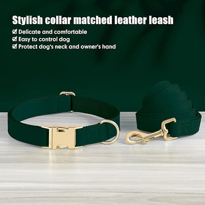 PET ARTIST Soft PU Leather Dog Collar and Leash Set, Bright & Stylish 5FT PU Leather Leash and Collar Set, Durable Pet Collars with Quick Release Metal Buckle for Large Dogs,Christmas Green,L(16-27")