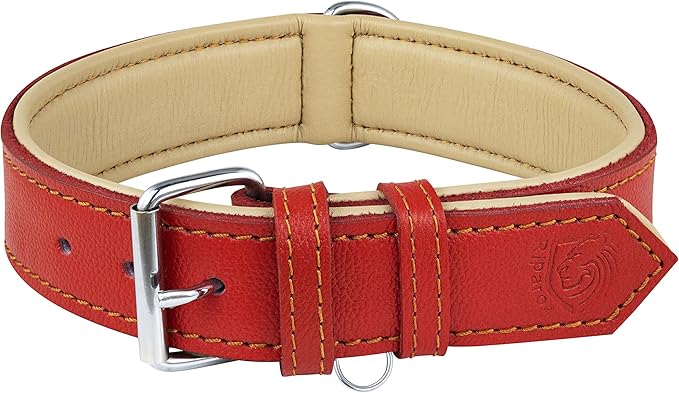 Riparo Red Leather Dog Collar - Heavy Duty Wide Dog Collar for Small, Medium, Large and Extra Large Dogs with Dog Tag Holder (XL: 1.75" Wide for 21”-25” Neck, Red)