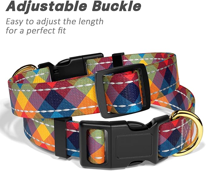 Reflective Dog Collar for Large Dogs, Cute Boho Adjustable Heavy-Duty Nylon Puppy Collar for Boy and Girl Female, Soft Pet Accessories with Quick Release Buckle, Colorful Tartan