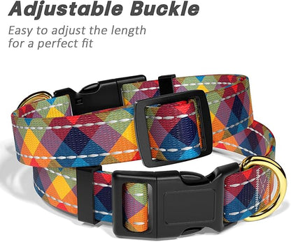 Reflective Dog Collar for Large Dogs, Cute Boho Adjustable Heavy-Duty Nylon Puppy Collar for Boy and Girl Female, Soft Pet Accessories with Quick Release Buckle, Colorful Tartan