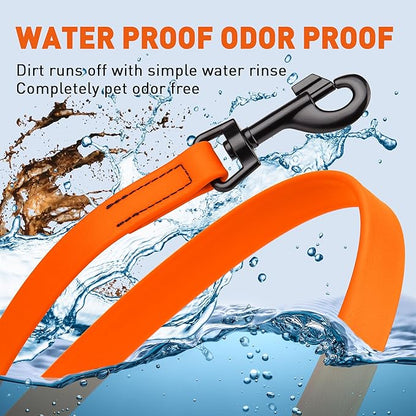 Dogline Biothane Waterproof Dog Leash Strong Coated Nylon Webbing with Black Hardware Odor-Proof Easy to Clean High Performance for Small or Large Dogs Made in USA 4 or 6 ft Lead, Hunter Orange