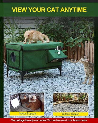 Heated Cat House for Outside,Dual Camera Mounts,100% Weatherproof & Extremely Insulated,Elevated Feral Cat Shelter with Escape Door,Waterproof Eaves for Outdoor Stray Barn Cat(Army Green,M)