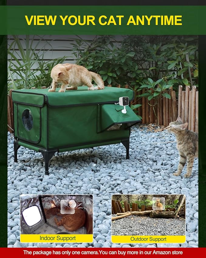 Outdoor Heated Cat House in Winter,Extremely Insulated & Weatherproof,Elevated Feral Cat Shelter with Waterproof Eaves & Escape Door for Outside Stray Barn Cat (Army Green,M)