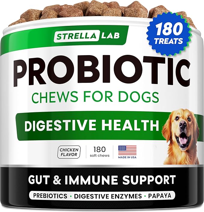 STRELLALAB Dog Probiotics Chews for Gut Support & Digestive Health with Enzymes - Anti Diarrhea and Upset Stomach Immune Supplement - Digestion Treats with Fiber and Prebiotics (180Ct, Chicken)