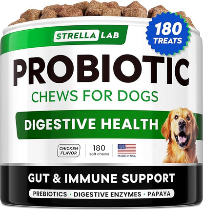 STRELLALAB Dog Probiotics Chews for Gut Support & Digestive Health with Enzymes - Anti Diarrhea and Upset Stomach Immune Supplement - Digestion Treats with Fiber and Prebiotics (180Ct, Chicken)