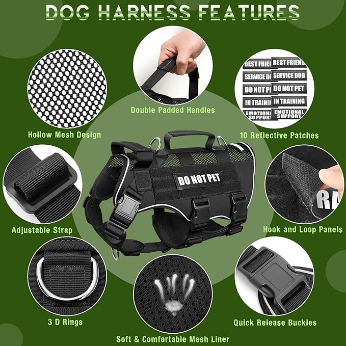 WINSEE Mesh Dog Harness with 10 Pet Patches for Medium Service Dog in Training, Breathable Tactical Molle Vest with Double Handle, Reflective Military Pet Vest for Walking Hiking