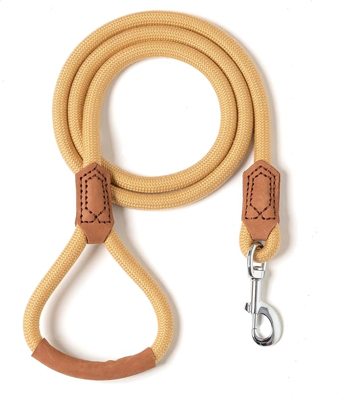 Mile High Life | Premium Leather Handle Dog Leash | Strong Rope Leash | Zinc Alloy Strong Clasp | Small Medium Large Dogs | 4/5/6 Feet(Yellow, 60 Inch (Pack of 1))