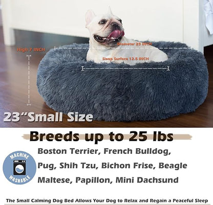 Calming Donut Dogs Beds for Small Dogs Washable,23inch Plush Round Pet Bed for Cozy Sleep,Fluffy Faux Fur Large Cat Bed,Fits up to 25 lbs Pets,Dark Grey