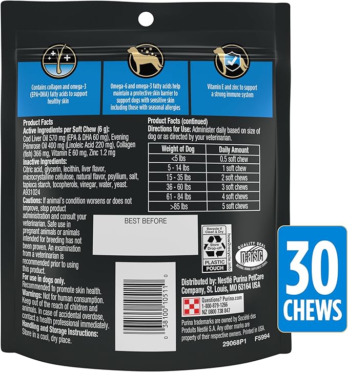 Purina Pro Plan Veterinary Supplements Skin Care Dog Supplements with Omega-3 Fish Oil and EPA and DHA - (Pack of 1) 30 ct. Pouches