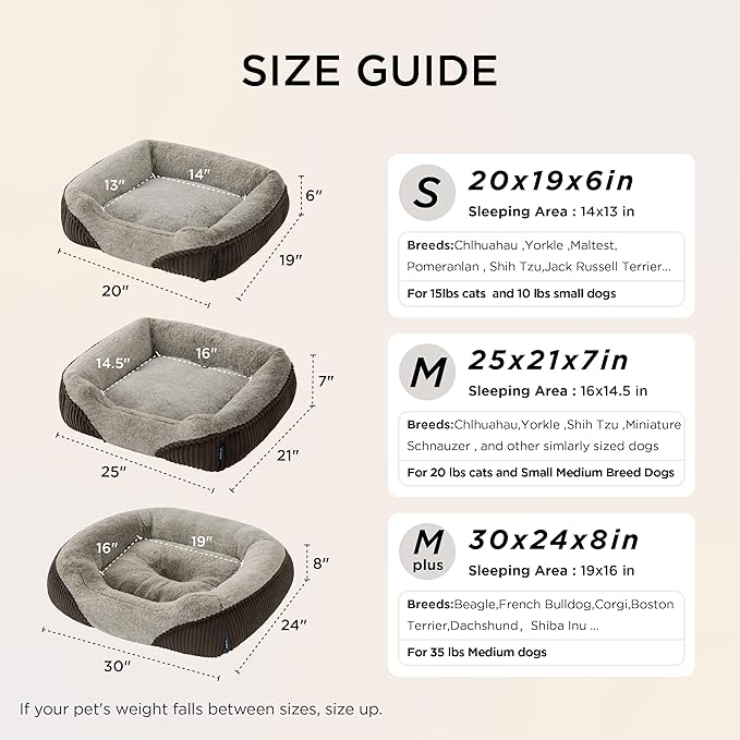 Bedsure Washable Dog Bed Small Medium Size Dog - Rectangle Fluffy Plush Pet Bed Puppy Bed, Comfy Corduroy Fleece and Nonskid Bottom,25x21x7inches,Suitable for Pet Up to 20lbs,Brown