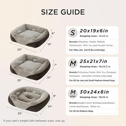 Bedsure Washable Dog Bed Small Medium Size Dog - Rectangle Fluffy Plush Pet Bed Puppy Bed, Comfy Corduroy Fleece and Nonskid Bottom,25x21x7inches,Suitable for Pet Up to 20lbs,Brown