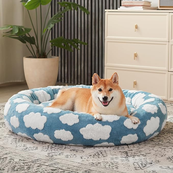JOEJOY Donut Large Dog Bed, Cute Round Calming Dog Bed with Removable Washable Cover, Orthopedic Pet Beds with Jacquard Shaggy Plush & Non Skid Bottom, Black
