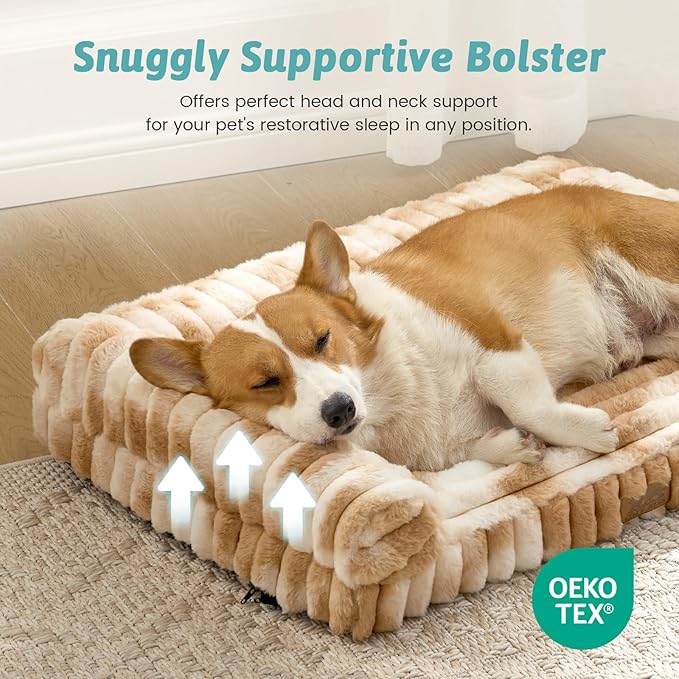 COZY KISS Cute Dog Bed for Medium Dogs, Faux Rabbit Fur Orthopedic Foam Dog Bed with Sides, Removable Washable Cover & Waterproof Lining, Comfortable Pet Couch, Tie-Dye Brown (36" L x 20" W x 6" Th)