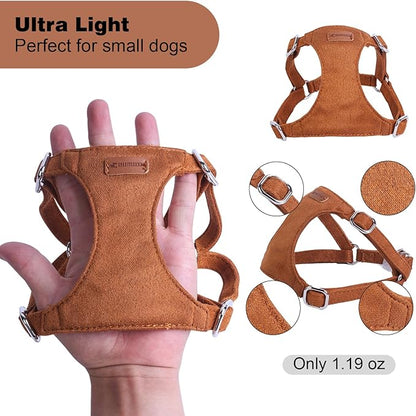 Dog Harness and Leash Set, XXS No Pull Adjustable Puppy Harness with Multifunction Pink Dog Leash and Dog Collar, Soft No Choke Escape Proof Pet Harness Vest for Small Dogs and Cats (Brown, S)