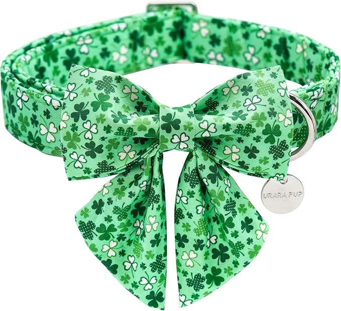 UP URARA PUP St. Patrick's Dog Collar with Bow Tie, Cotton St. Patrick's Bowtie Collar for Large Girl Boy Dog, Lucky Shamrock Dog Collar with Metal Buckle, Green, Spring, L