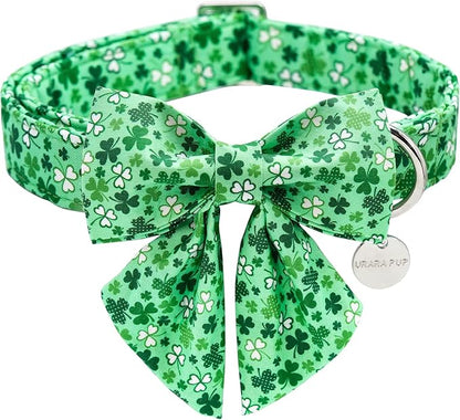 UP URARA PUP St. Patrick's Dog Collar with Bow Tie, Cotton St. Patrick's Bowtie Collar for Large Girl Boy Dog, Lucky Shamrock Dog Collar with Metal Buckle, Green, Spring, L