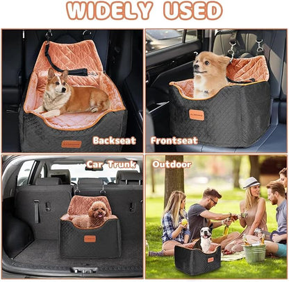 AlfaTok Memory Foam Booster Dog Car Seat with Washable Removable Cover, Elevated Pet Car Seat, Anti-Slip Sturdy Booster Seats for Small Dogs 35lbs, Seat Belt, Storage Pocket, Dog Blankets