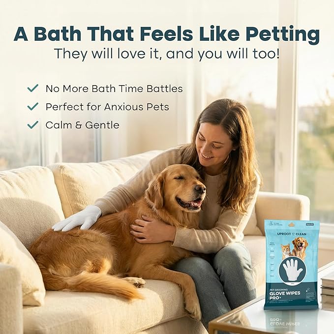 Uproot QuickClean Gloves Pro: 1 Month Supply - Extra-Thick Pet Glove Wipes for Dogs & Cats - Easy Wipe Paws, Eyes, Ears, Butt, & Body - Lick-Safe - Cleaning, Deodorizing & Grooming (6 Pack)