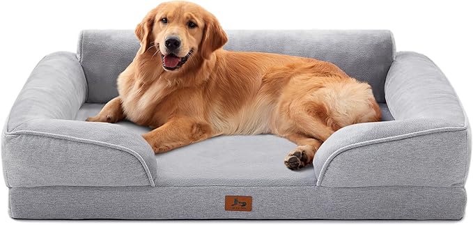 Warmrest Orthopedic Dog Beds for Large Dogs, Waterproof XL Pet Couch Bed with Soft Sides, Washable Dog Sofa with Flannel Removable Cover, 42" L Supportive Egg-Crate Foam Pet Sofa, Light Grey