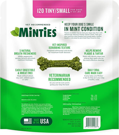 Minties Dog Dental Bone Treats, Tiny/Small Dental Dog Treats, 5-25 lbs, Clean Teeth, Fight Bad Breath, Removes Plaque and Tartar, 120 Count