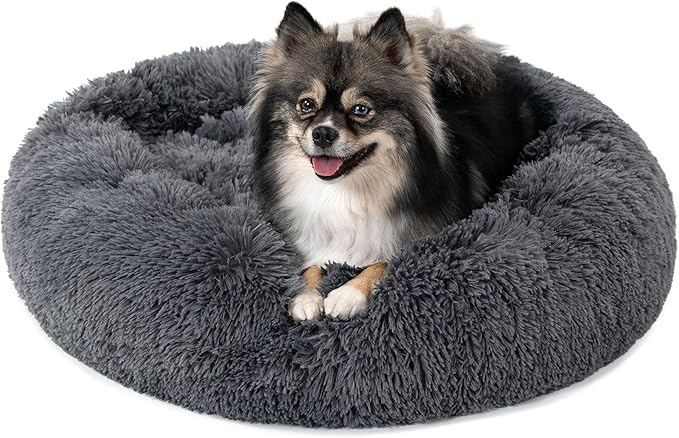 PetAmi Calming Dog Bed for Small & Medium Dogs and Cats, 23” Round Donut Dog Bed, Washable Fluffy Faux Fur Puppy & Cat Bed, Anti-Anxiety Plush Cuddler Pet Bed with Anti-Slip Bottom - Dark Gray