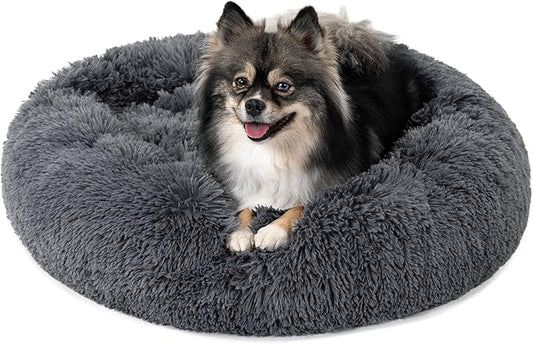 PetAmi Calming Dog Bed for Small & Medium Dogs and Cats, 23” Round Donut Dog Bed, Washable Fluffy Faux Fur Puppy & Cat Bed, Anti-Anxiety Plush Cuddler Pet Bed with Anti-Slip Bottom - Dark Gray