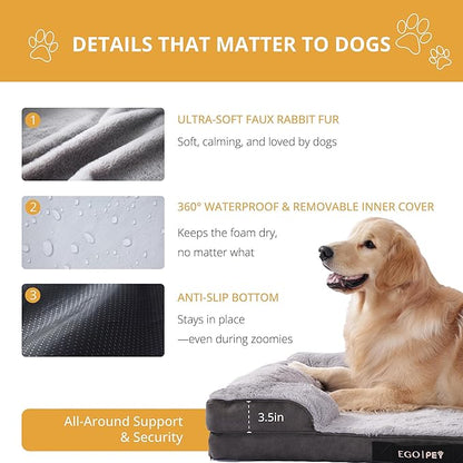 EGOHOME Durable Orthopedic Dog Bed for Large Dogs,Memory Foam Pet Bed with Sides, Non-Slip and Egg-Crate Charcoal Foam Dog Couch Bed with Waterproof Liner&Washable Removable Cover, Grey,41x27x6.5 Inch