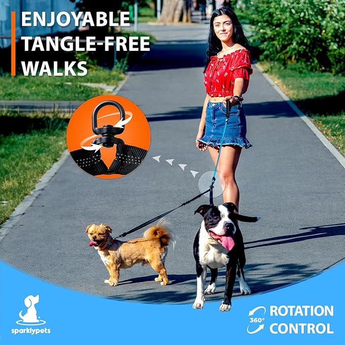 SparklyPets - Double Dog Bungee Rope Leash for 2 Small Dogs - Dual Dog Lead for Small Breeds - Soft Handles, No Tangle, Adjustable Couplers - Flow Leash, 2 Dogs Walking Accessory