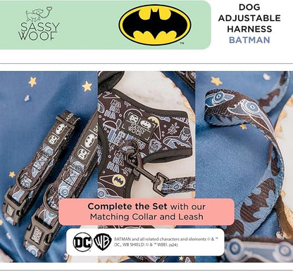 Sassy Woof Dog Adjustable Harness - Batman™ - S, Breathable Mesh, No Pull Design with Two D-Rings, Patented Design, Perfect for Small Dogs and Puppies - Officially Licensed