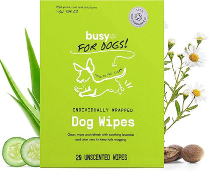 BUSYCO - Hypoallergenic Dog Wipes, Cleaning and Odor Control Grooming Wipes for Paws, Body, and Butt, Perfect for Puppy and Adult Dogs, Individually Wrapped, Unscented (Unscented, 20 Grooming Wipes)