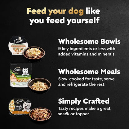 Cesar Wholesome Bowls Adult Wet Dog Food, Beef, Chicken, Carrots, Barley & Green Beans Recipe and Chicken, Apple & Sweet Potato Recipe Variety Pack, Wet Food for Dogs, 3 oz., 6 Count
