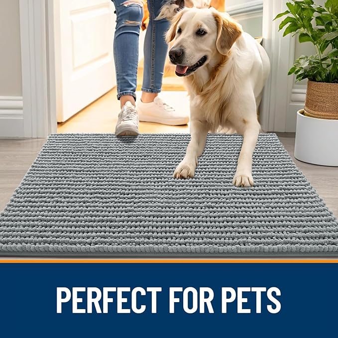 OLANLY Dog Door Mat for Muddy Paws 44x32, Ultra Absorbent Chenille Mud Doormat, Non-Slip Washable and Dirt Trapping Doormat for Indoor Entryway, Quick-Dry Indoor Pet Bed Mats for Dogs, Grey