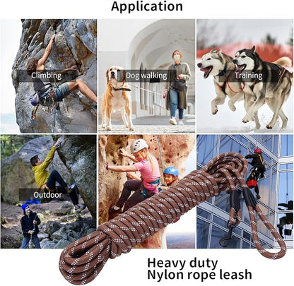 Long Dog Leash for Training 15Ft-Reflective Nylon Rope with Swivel Hook-Recall Agility Lead for Large Small Medium Dogs Outside Walking Hiking-Brown Diam 1/2"