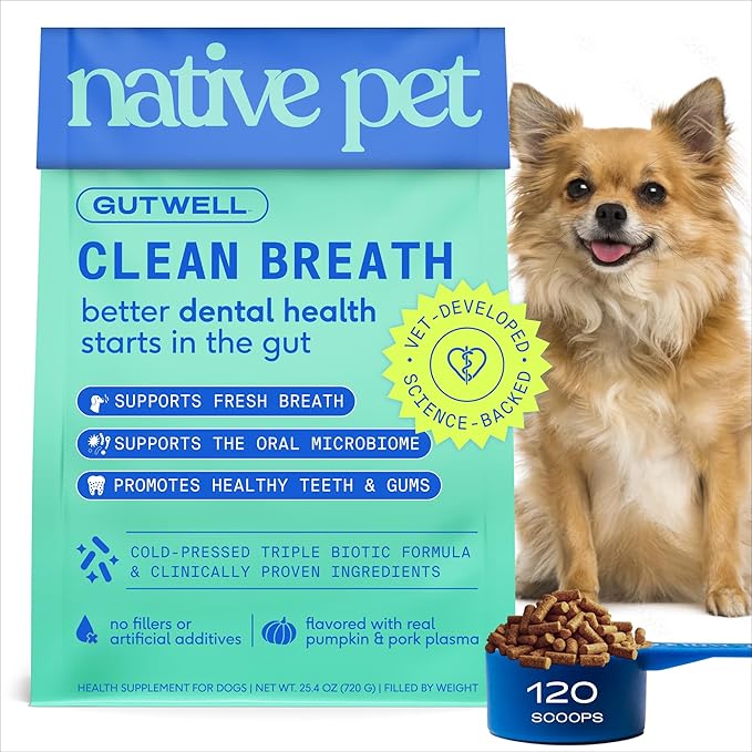 GutWell Clean Breath - Dog Breath Freshener & Dog Dental Powder - Teeth Cleaning to Reduce Plaque & Tartar - Promotes Fresh Breath with Targeted Triple-biotic Dental Care Blend - 120 Scoops