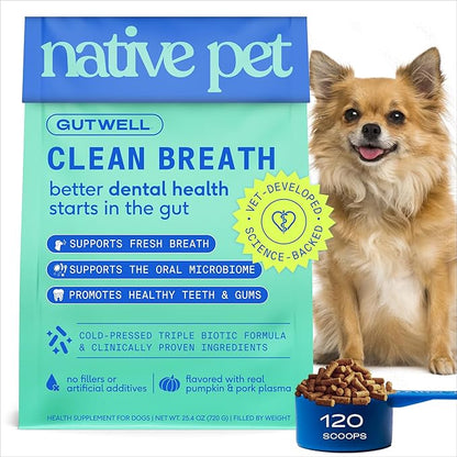 GutWell Clean Breath - Dog Breath Freshener & Dog Dental Powder - Teeth Cleaning to Reduce Plaque & Tartar - Promotes Fresh Breath with Targeted Triple-biotic Dental Care Blend - 120 Scoops