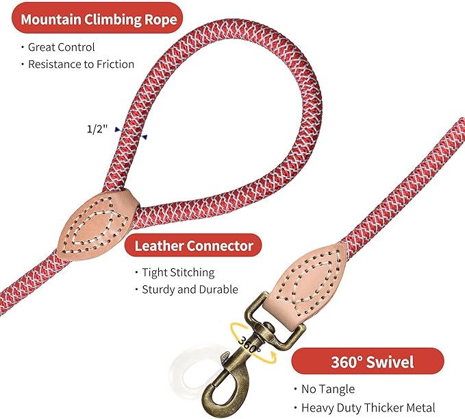 Mile High Life Climbing Rope Dog Leash w/ Leather Tip - Reflective and Chew Proof (Red, 60 Inch)
