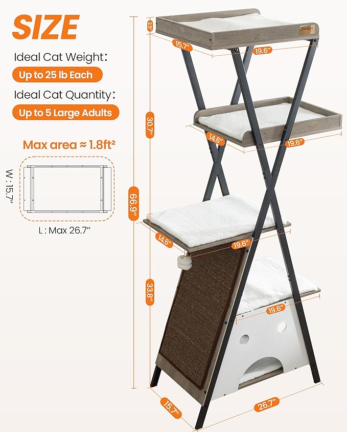 Modern Wood Cat Tree Tower for Indoor Cats Large Adult - 67 Inch Tall Multi-Level Heavy Duty Cat Condo Trees Furniture with Caves Perch Bed Scratching Board - XL Big Sturdy Wooden Kitty Climbing House
