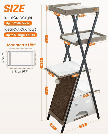 Modern Wood Cat Tree Tower for Indoor Cats Large Adult - 67 Inch Tall Multi-Level Heavy Duty Cat Condo Trees Furniture with Caves Perch Bed Scratching Board - XL Big Sturdy Wooden Kitty Climbing House